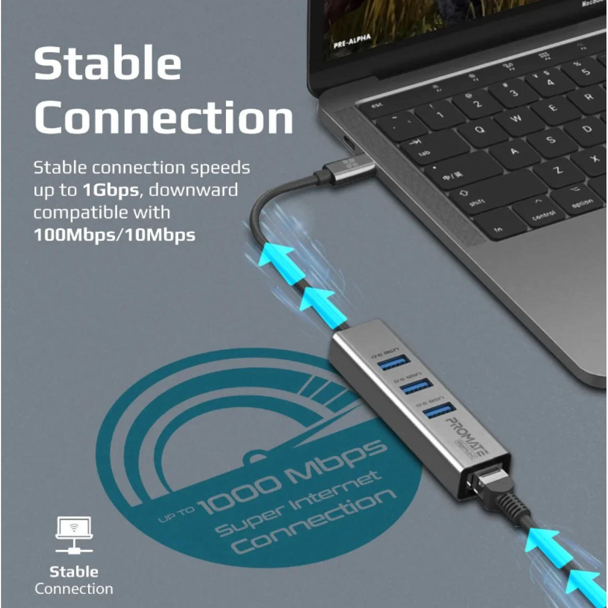 محول هب متعدد المنافذ Promate GigaHub-C USB-C مع إيثرنت 1000Mbps و3 منافذ USB 3.0 وسرعة 5Gbps - Thumbnail 3