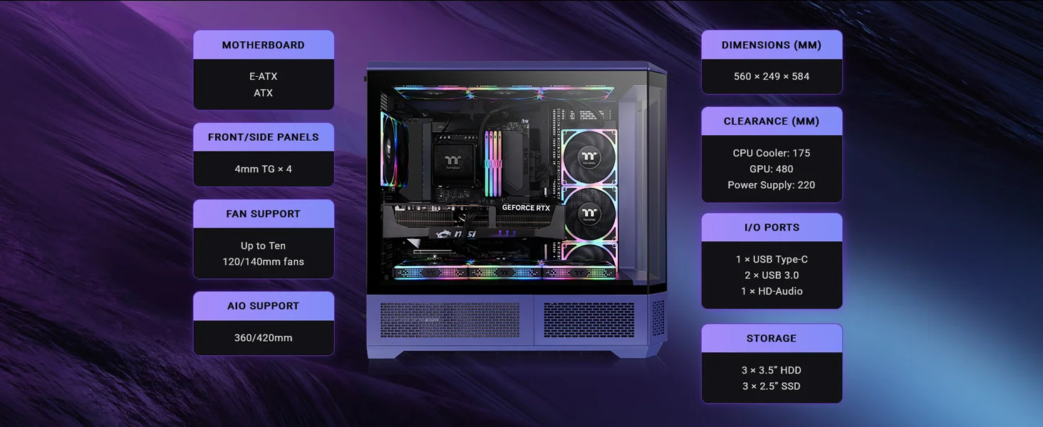 Thermaltake View 600 TG Full Tower PC Case with 420mm Radiator Support & 6.0" LCD Panel Kit - Future Dusk - Image 11