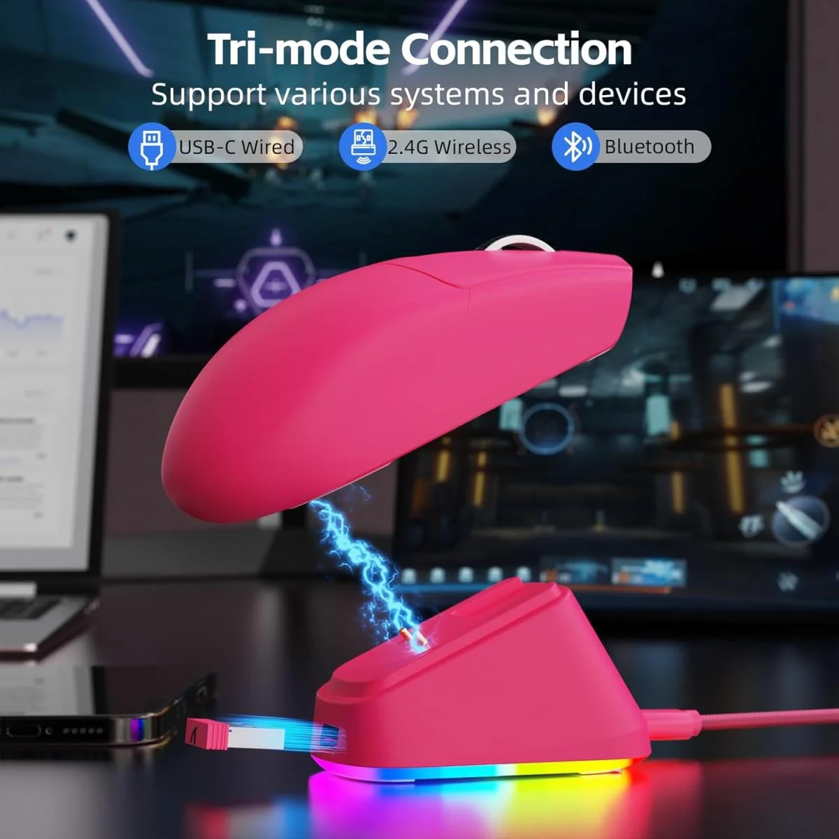 ماوس ألعاب لاسلكي ATTACK SHARK G3PRO مع قاعدة شحن RGB ودقة 25K DPI، أحمر - Image 2