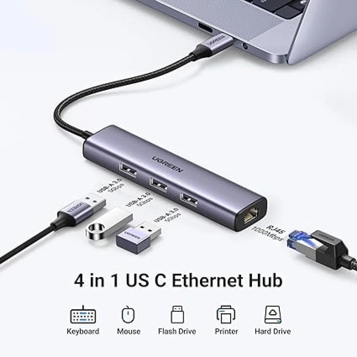 محول Ugreen USB-C إلى إيثرنت 4 في 1 متعدد المنافذ مع RJ45 جيجابت - Thumbnail 2