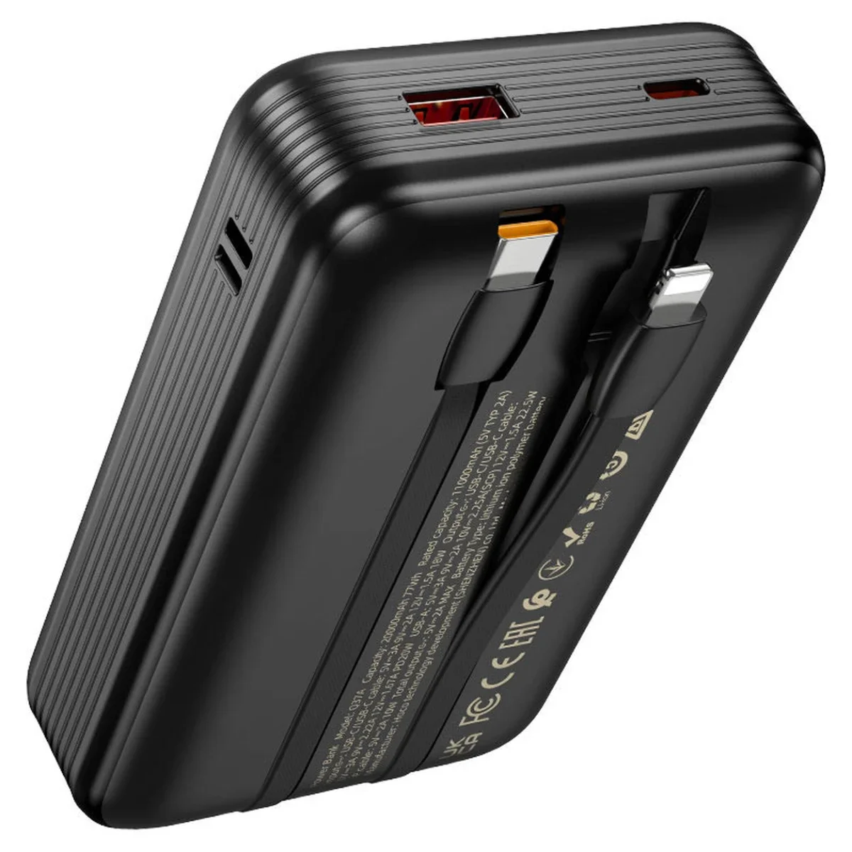 باور بانك HOCO Q37A Graceful سعة 20000mAh وشحن 22.5W + PD20W مع كيابل مدمجة، أسود - Thumbnail 5