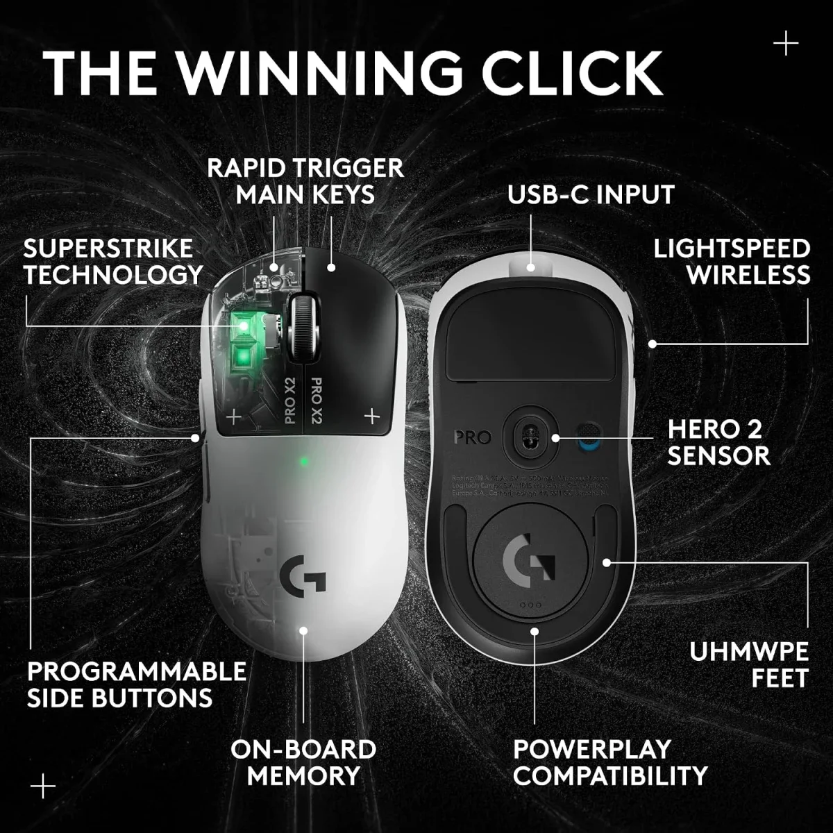 Logitech G PRO X2 SUPERSTRIKE LIGHTSPEED Wireless Gaming Mouse, 61 g, Customizable Click Haptics, USB-C, PC/Mac/Laptop - White - Image 10