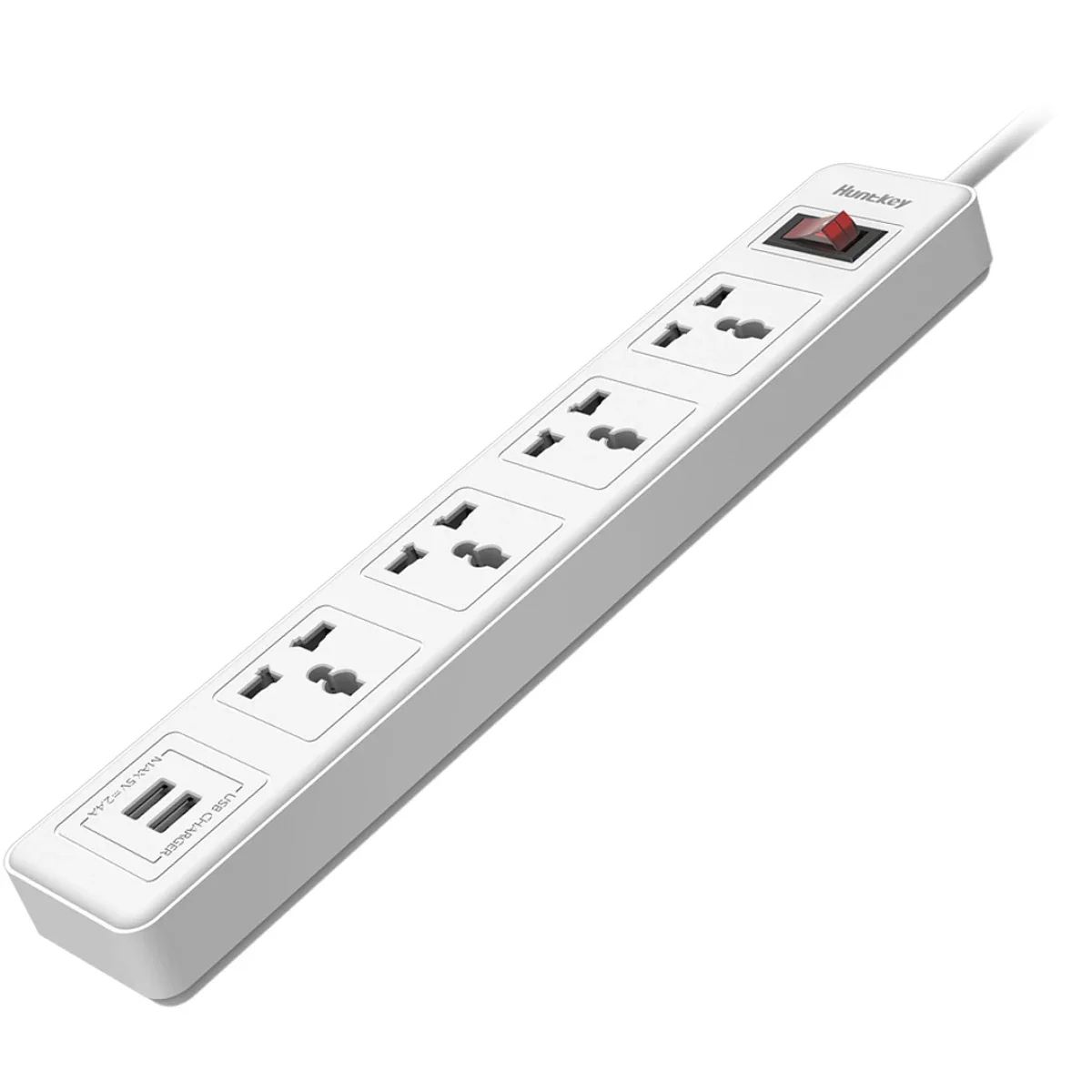 Huntkey SSZ507 Universal Power Strip with 4 Outlets, 2 USB Ports, 3m Cord - White