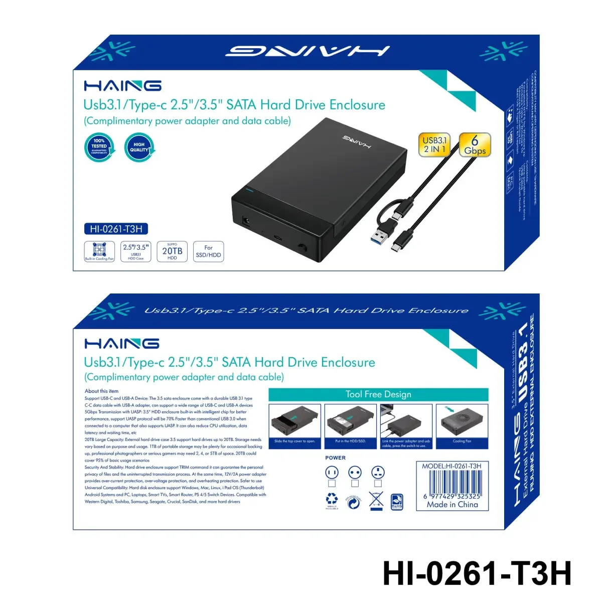 HAING HI-0261-T3H 2.5/3.5-Inch SATA III Hard Drive Enclosure with USB-A & USB-C 3.0 - Thumbnail 2
