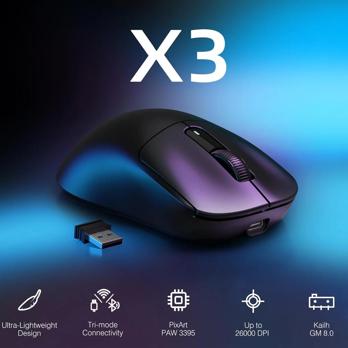 ماوس ألعاب ATTACK SHARK X3 لاسلكي 49 جم بمستشعر PAW3395 ودقة 26000 DPI أسود - Thumbnail 3