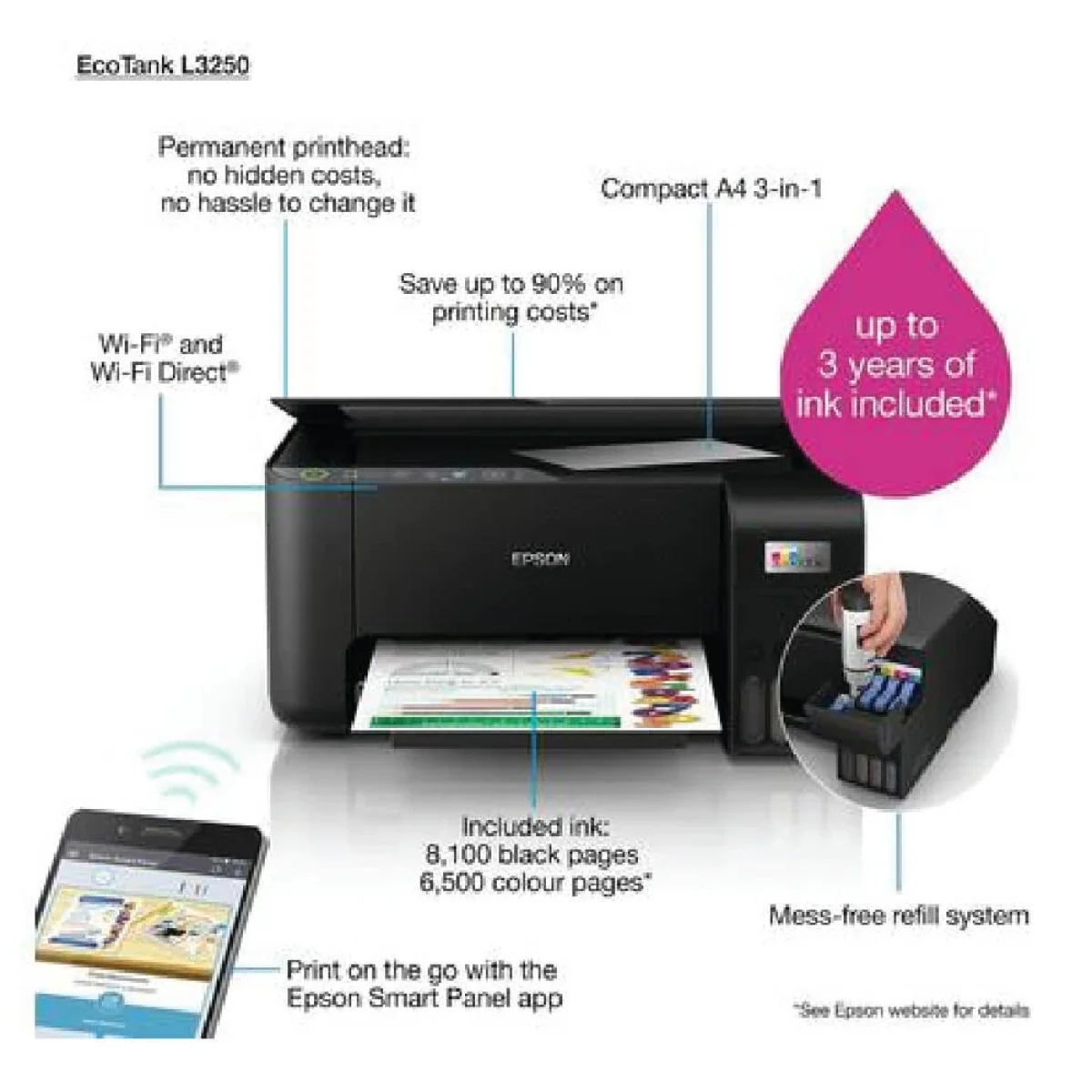 طابعة EPSON EcoTank L3252 خزان حبر متعددة الوظائف Wi-Fi، أسود - Thumbnail 3