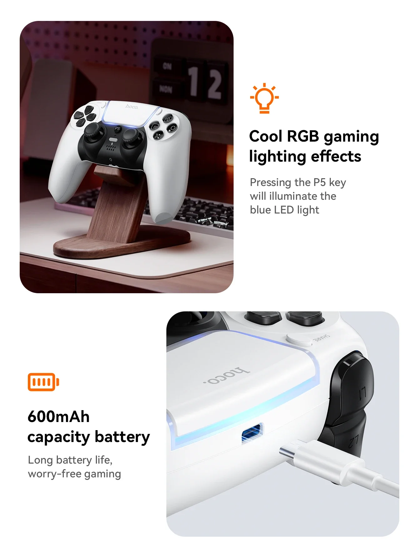 يد تحكم ألعاب لاسلكية HOCO GA32 Dragon لجهاز PS5 بتقنية Bluetooth 5.1 وبطارية 600mAh أبيض - Image 14