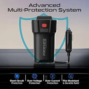 Promate Inverto-150W 4-in-1 Car Power Inverter with 150W AC Socket, Dual PD 30W USB-C & QC 18W USB-A - Black - Image 9