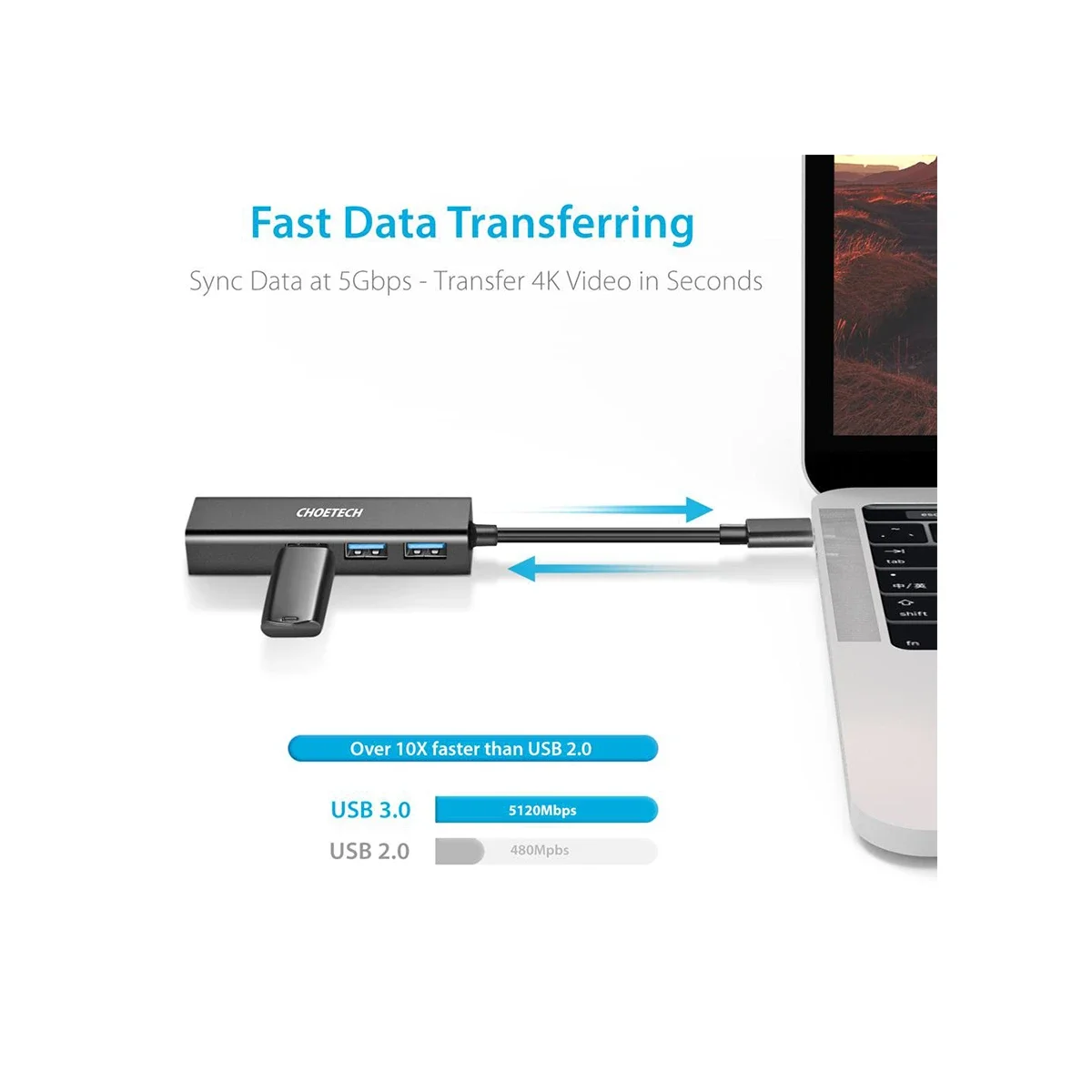 Choetech USB-C to Gigabit Ethernet Hub with 3 USB 3.0 Ports - Thumbnail 2
