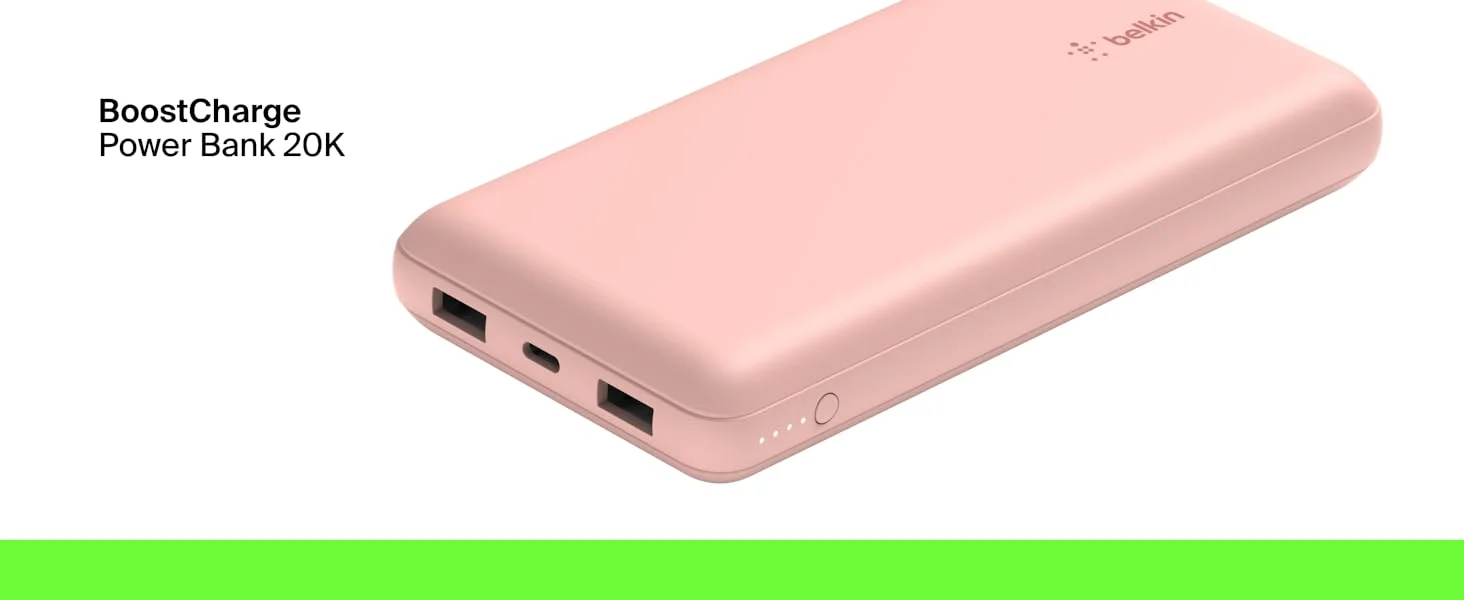 Belkin BoostCharge BPB012BTRG 20,000mAh 15W USB-C Power Bank with 2 USB-A Ports - Pink - Thumbnail 9