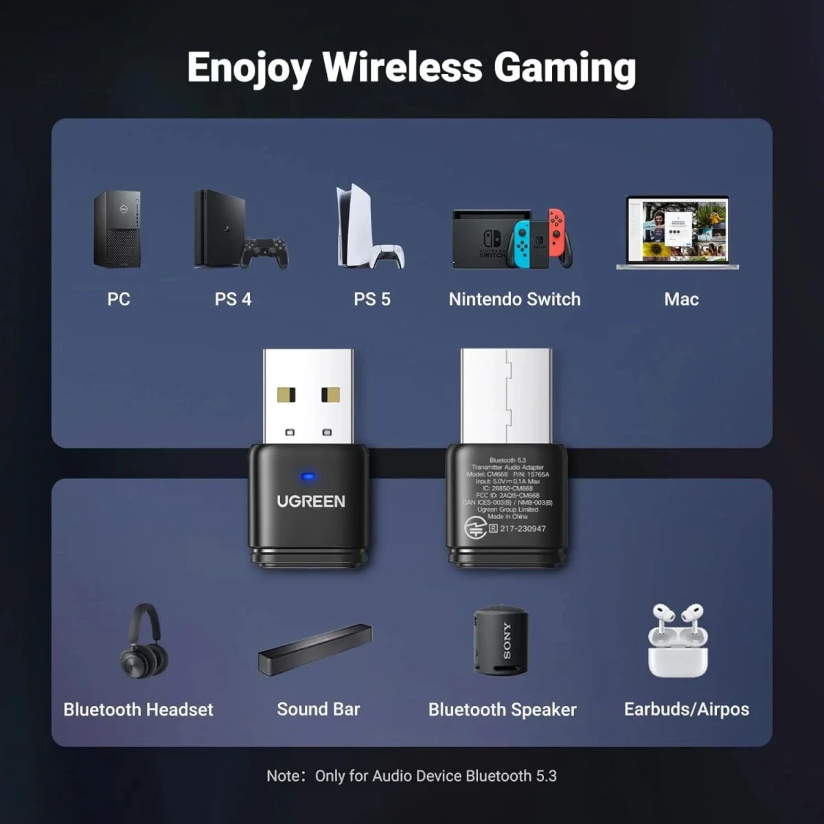 Ugreen CM668 Bluetooth 5.3 Gaming Audio Transmitter USB-A 15765 - Image 6