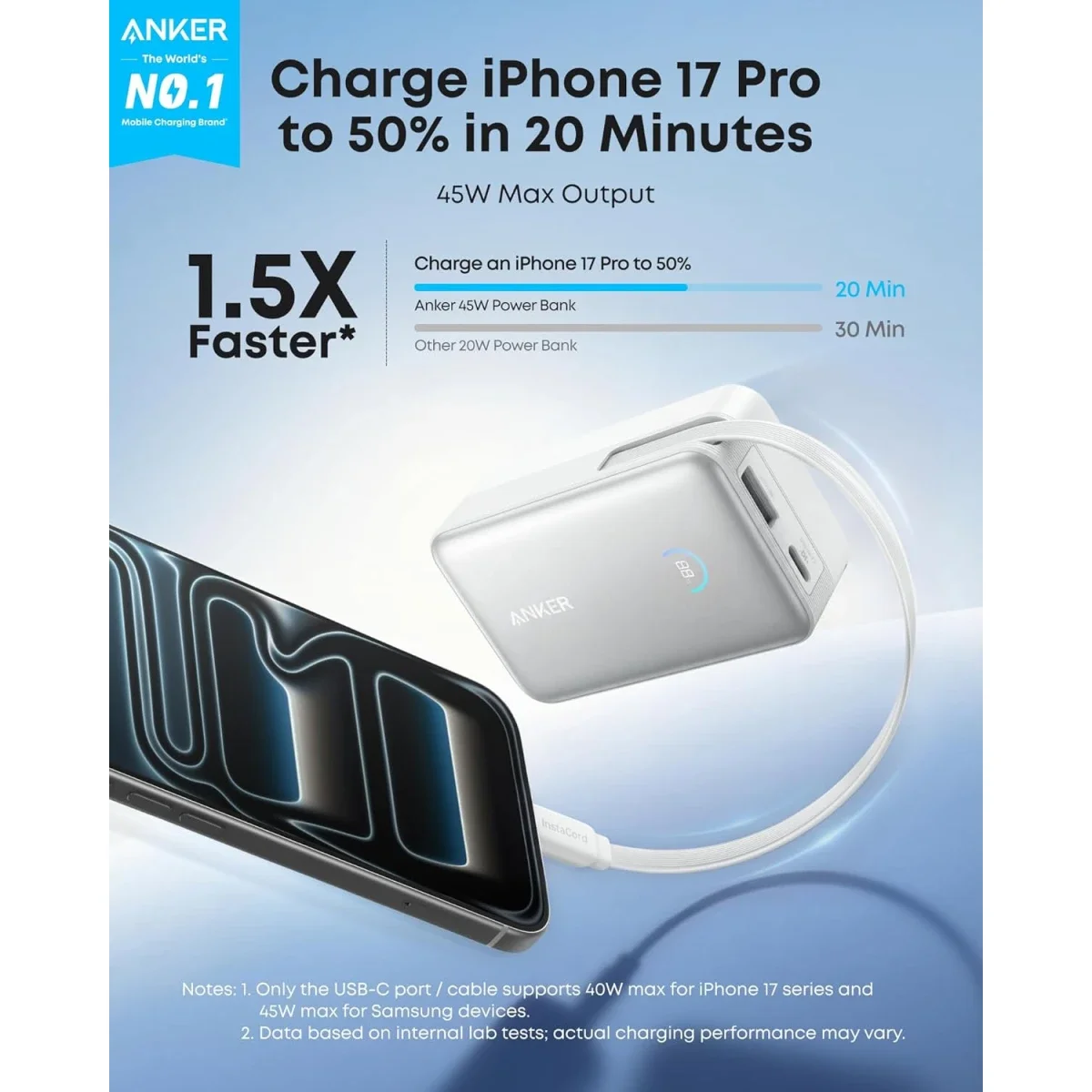 Anker Nano Power Bank 10,000mAh 45W with Retractable USB-C Cable - White - Thumbnail 2