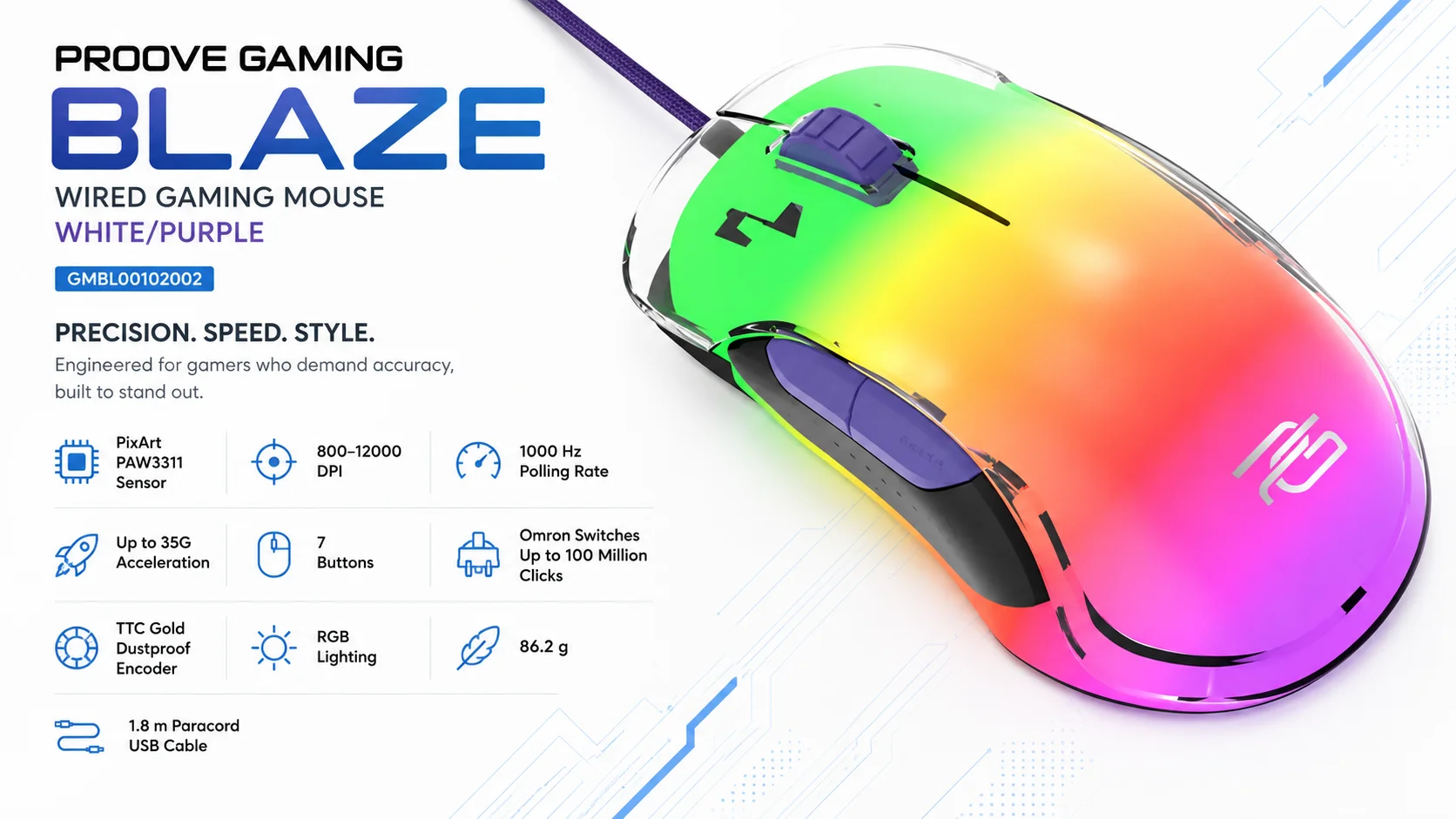 ماوس ألعاب سلكي Proove Gaming Blaze بدقة 12000 DPI أبيض/بنفسجي - Thumbnail 6