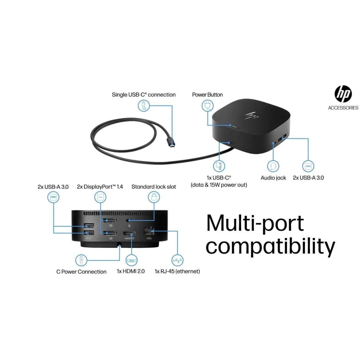 قاعدة توصيل HP USB-C Dock G5 لدعم 3 شاشات 4K وشحن 100W باللون الأسود - 5TW10AA - Image 7