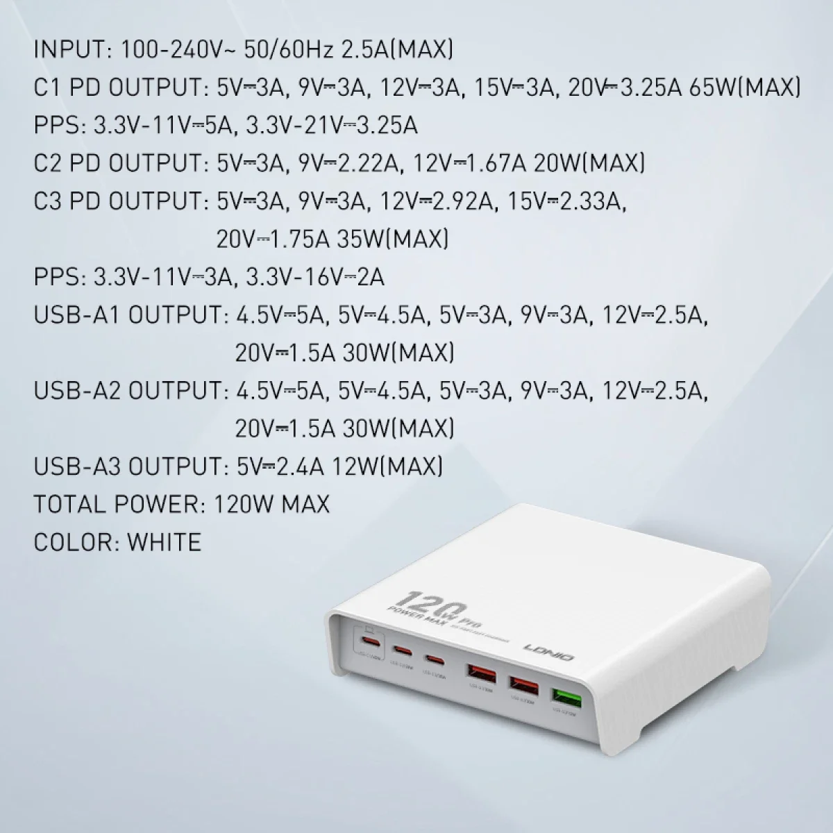 شاحن مكتبي سريع LDNIO Q605 بقدرة 120 واط و6 منافذ USB-C PD - أبيض - Thumbnail 4