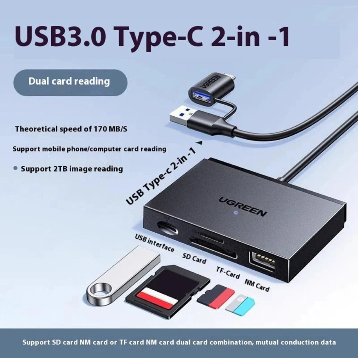Ugreen 45178 2-in-1 USB-A & USB-C SD, microSD/TF and NM Card Reader - Image 4