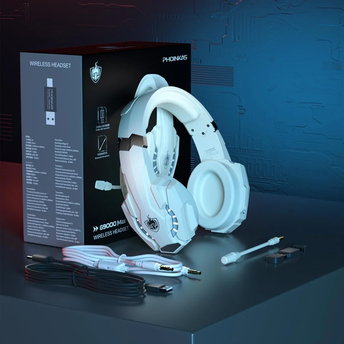 PHOINIKAS Wireless Gaming Headset with Detachable Mic, 2.4G, 7.1 Sound, White - Image 2