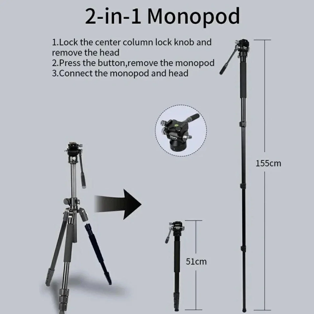 Jmary KS355+HG60 2-in-1 Camera Tripod & Monopod with 360° Ball Head - Black - Image 3