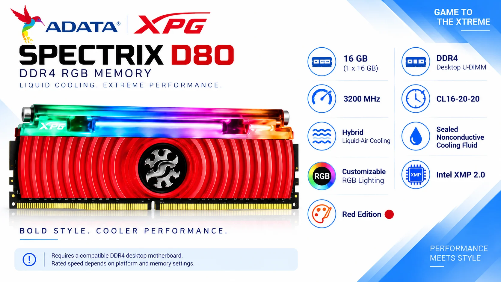 رام مكتبي ADATA XPG SPECTRIX D80 سعة 16GB DDR4 بتردد 3200MHz CL16 RGB – أحمر - Image 4