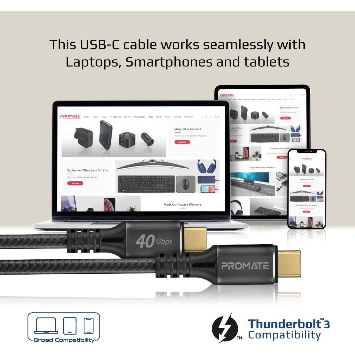 كابل USB-C من Promate PowerBolt240-2M بقدرة 240W وثاندربولت 3 بسرعة 40Gbps ودقة 8K بطول 2 متر - أسود - Image 6