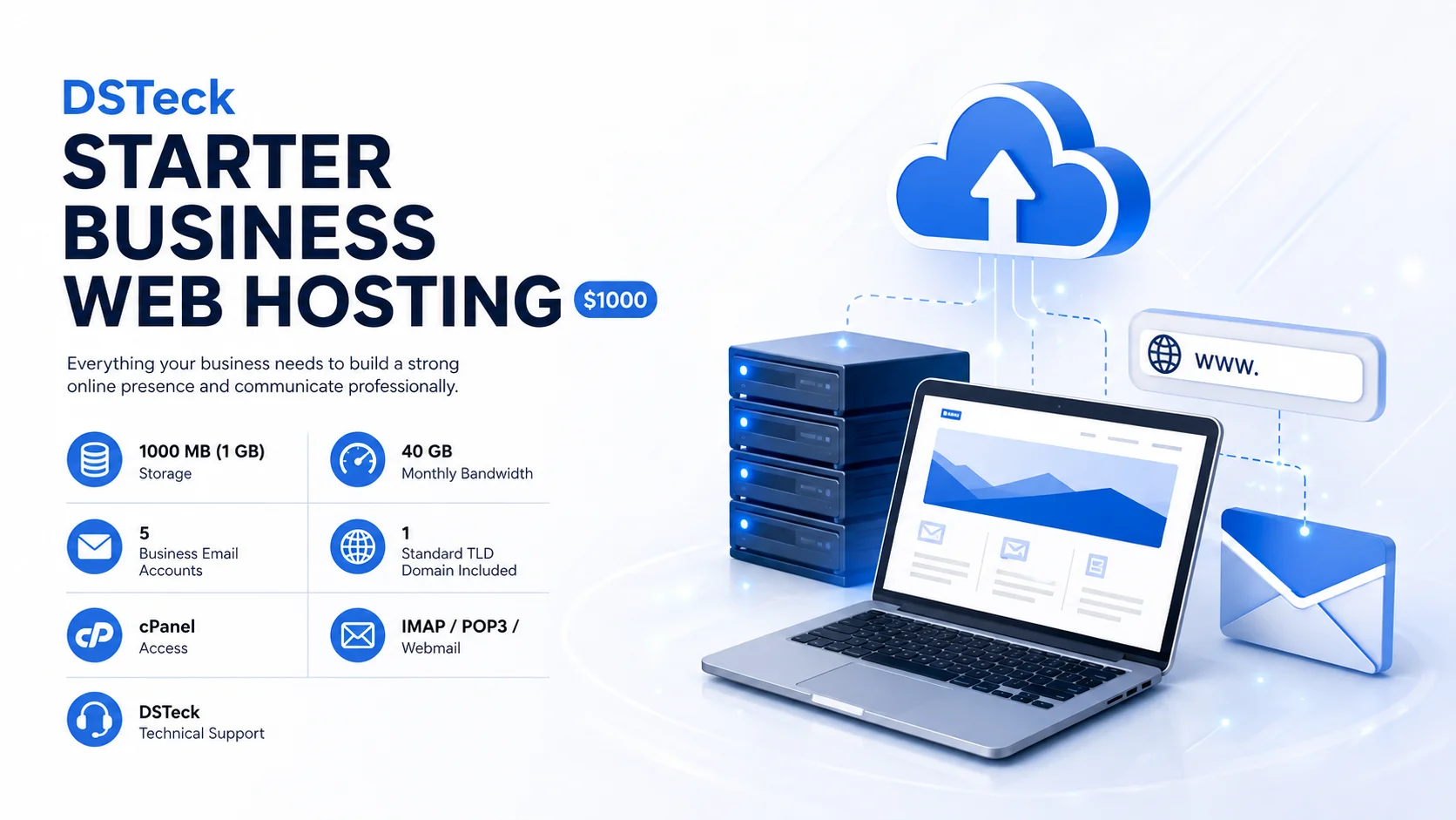DSTeck S1000 Starter Business Web Hosting – 1GB Storage, 5 Emails & Free Domain, 1 Year - Image 2