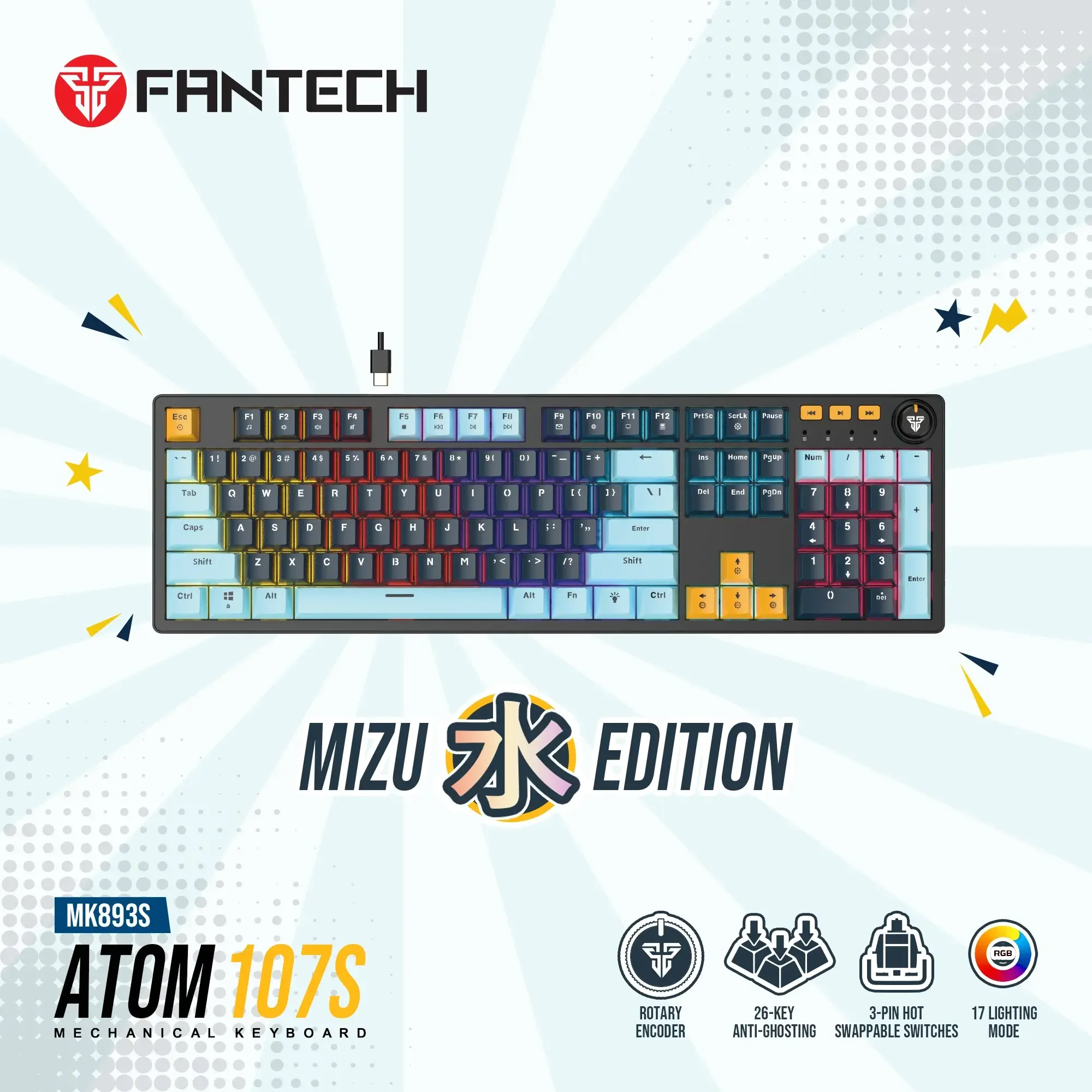 كيبورد ألعاب ميكانيكي مع 17 وضع إضاءة  Fantech ATOM107S إصدار Mizu لون كحلي  - Thumbnail 3