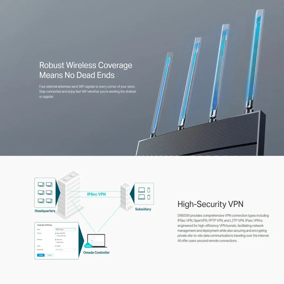 TP-LINK ER605W Omada Wi-Fi VPN Router AC1350 (AC867 + N450), 1 x 10/100/1000 Mbps WAN + 2 x 10/100/1000 Mbps LAN/WAN - Image 7