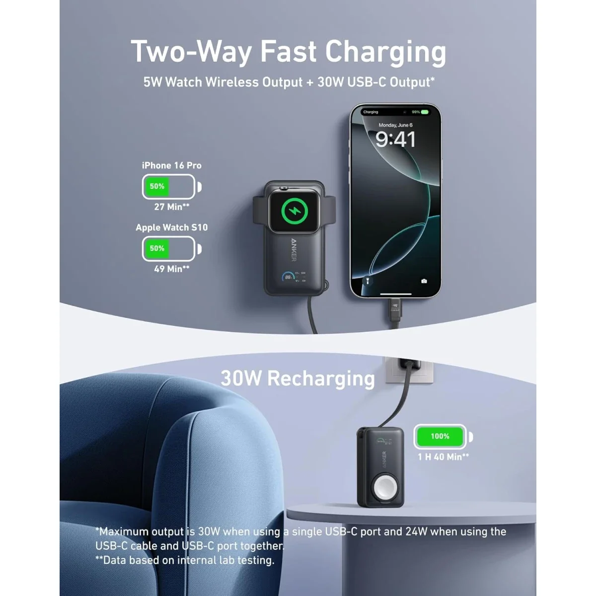 Anker MagGo Power Bank for Apple Watch 10000mAh with Built-in USB-C Cable 35W Black - Thumbnail 2