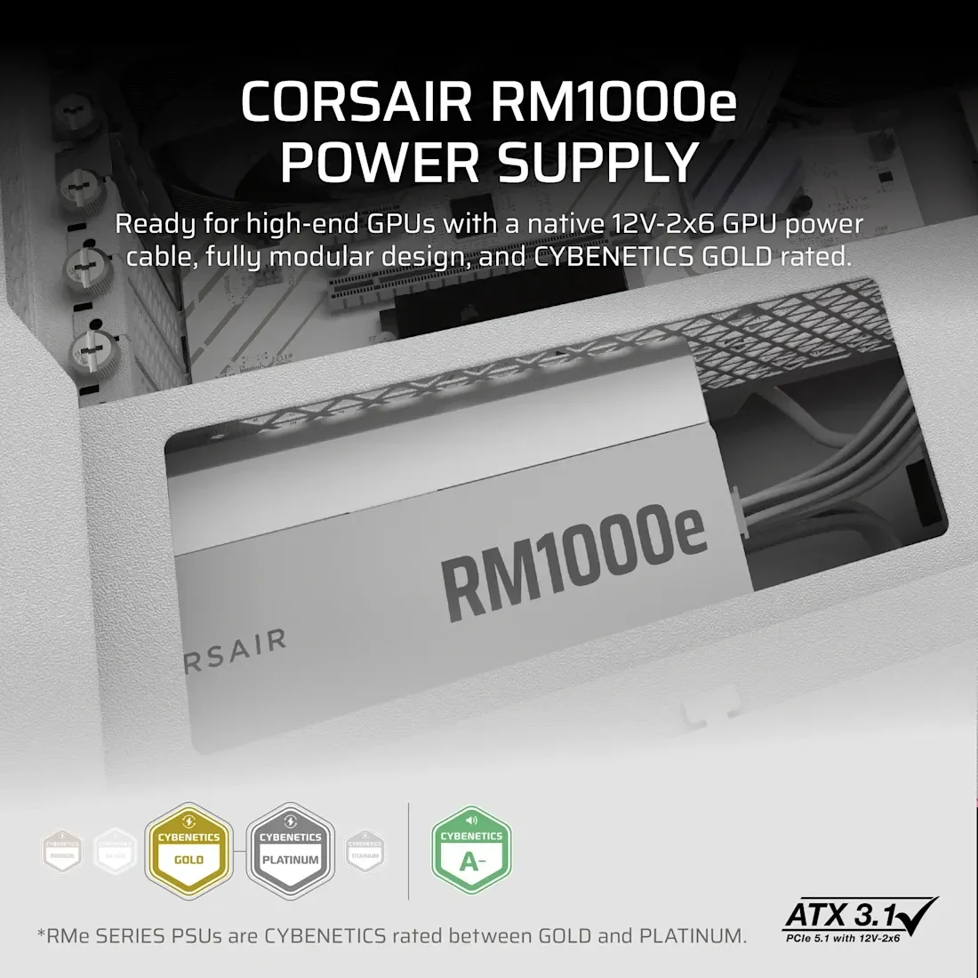مزود طاقة Corsair RMe Series RM1000e بقدرة 1000 واط ATX بكابلات قابلة للفصل بالكامل وضجيج منخفض – CP-90202974 – أبيض - Image 5