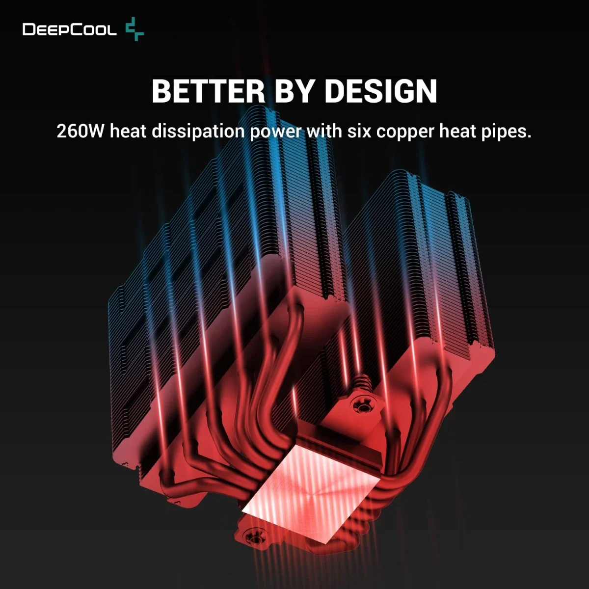مبرد معالج هوائي DeepCool GAMMAXX أسود ببرجين وإضاءة ARGB، قدرة 260 واط و6 أنابيب نحاسية ومروحة PWM قياس 120 مم AG620 BK ARGB - Image 6