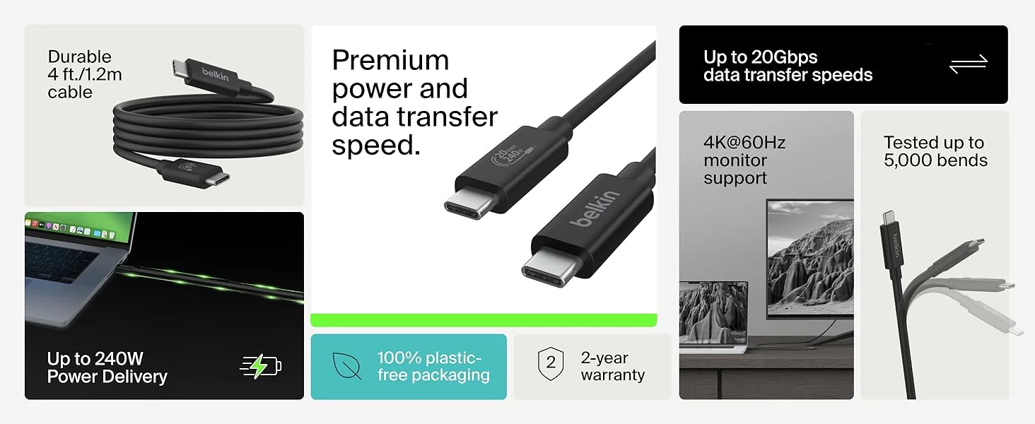 Belkin Connect USB4 USB-C to USB-C Cable 4ft/1.2M 240W 20Gbps Black - Image 8