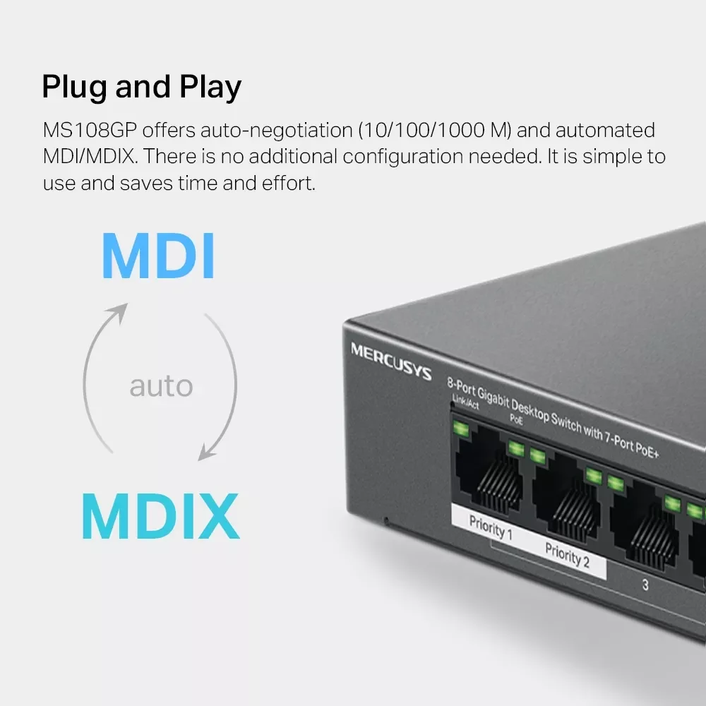 سويتش MERCUSYS MS108GP مكتبي جيجابت 8 منافذ مع 7 منافذ PoE+ - Thumbnail 10