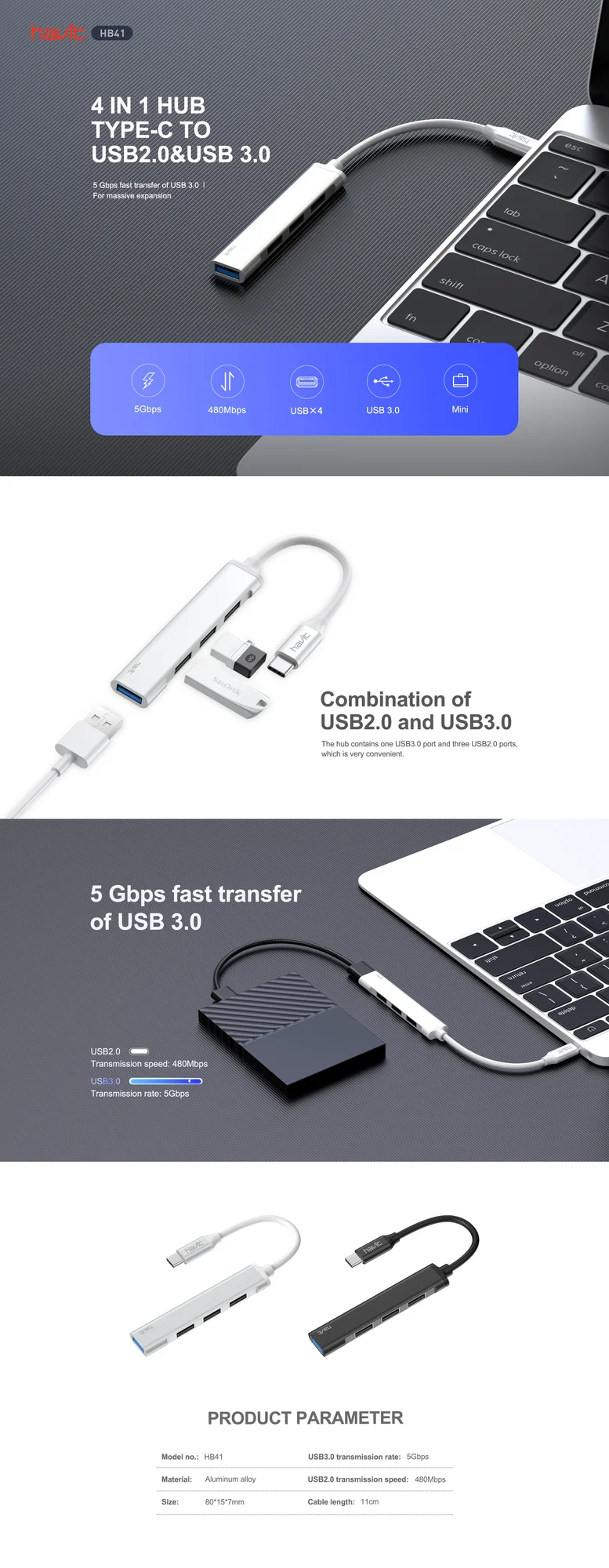 HAVIT HB41 Type-C Hub with USB 3.0, HDMI and Card Reader - Thumbnail 5