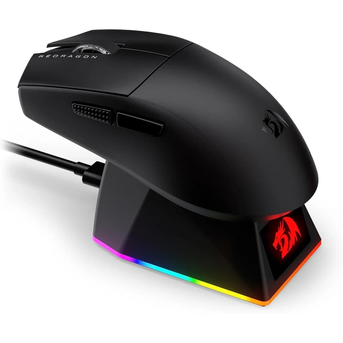 ماوس ألعاب Redragon K1NG M999 لاسلكي فائق الخفة ثلاثي الاتصال مع قاعدة شحن RGB، أسود، 45000 DPI