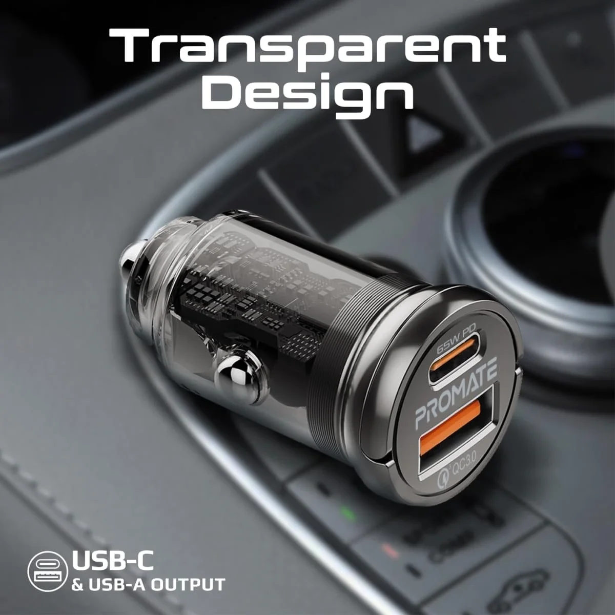 شاحن موبايل للسيارة Promate TransDrive-65W شفاف بقدرة 65 واط مع USB-C PD وUSB-A QC 3.0 - Image 5