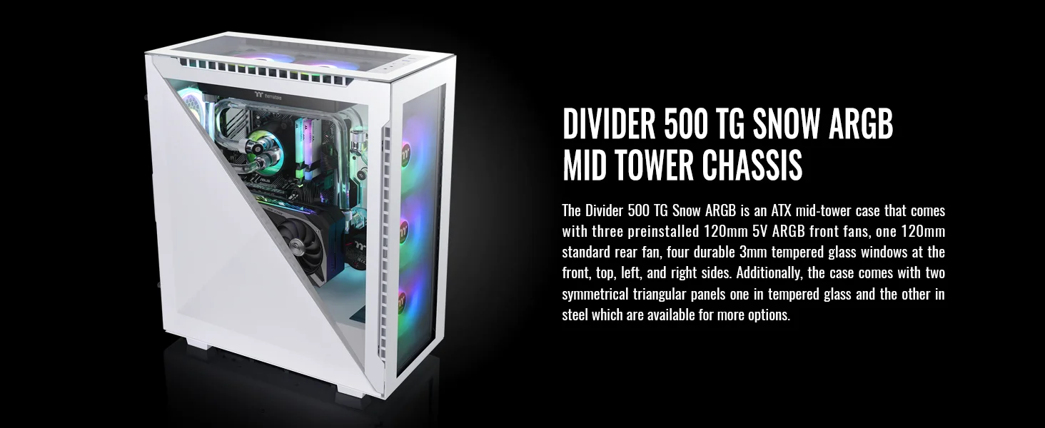 هيكل كمبيوتر Thermaltake Divider 500 ميد تاور مع 3x120mm مراوح أمامية ARGB + 1x120mm مروحة خلفية - White - Image 9