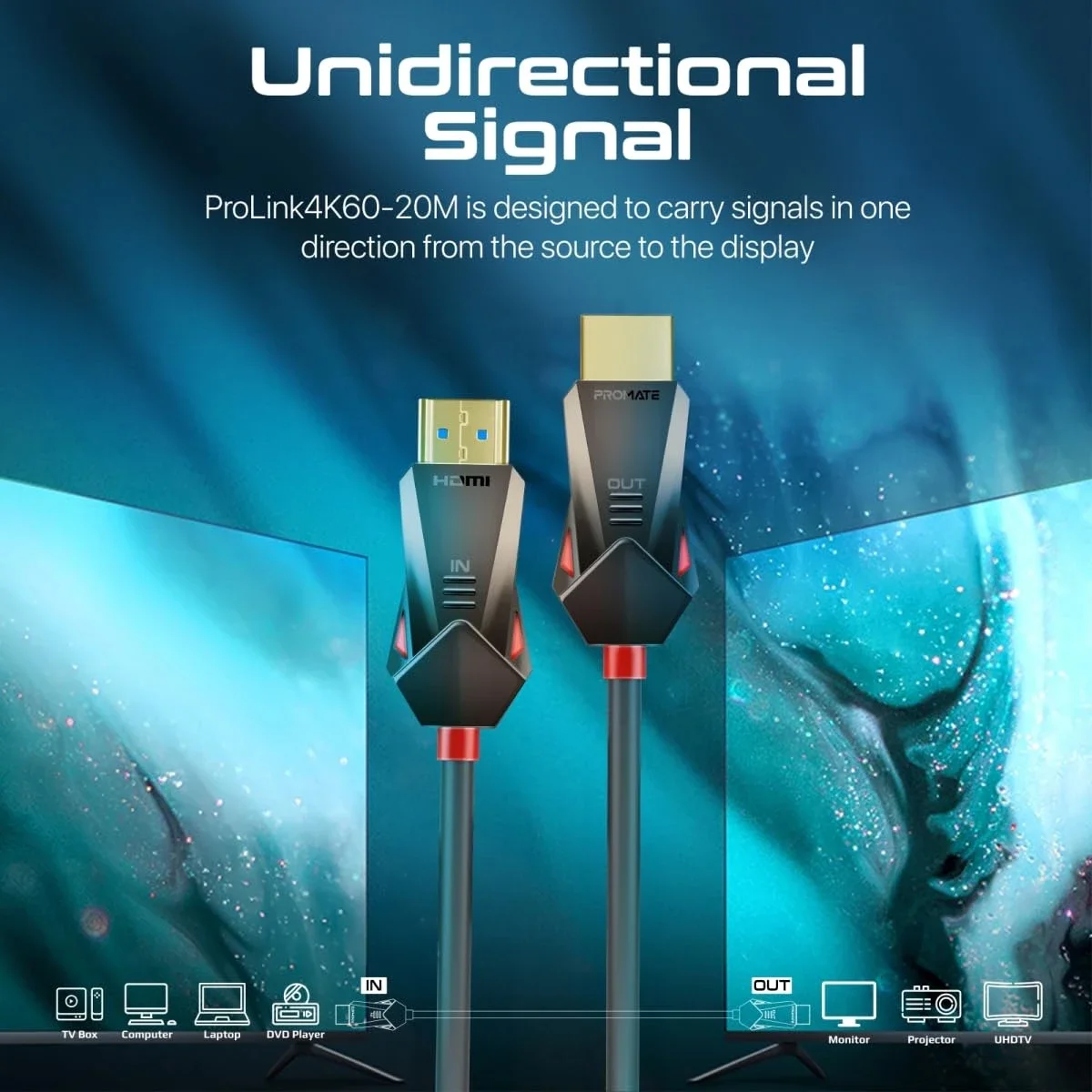 كابل HDMI 2.0 من الألياف الضوئية Promate ProLink4K60-15M بطول 15 متر 4K@60Hz بسرعة 18Gbps مع Ethernet وموصلات مطلية بالذهب - Thumbnail 4