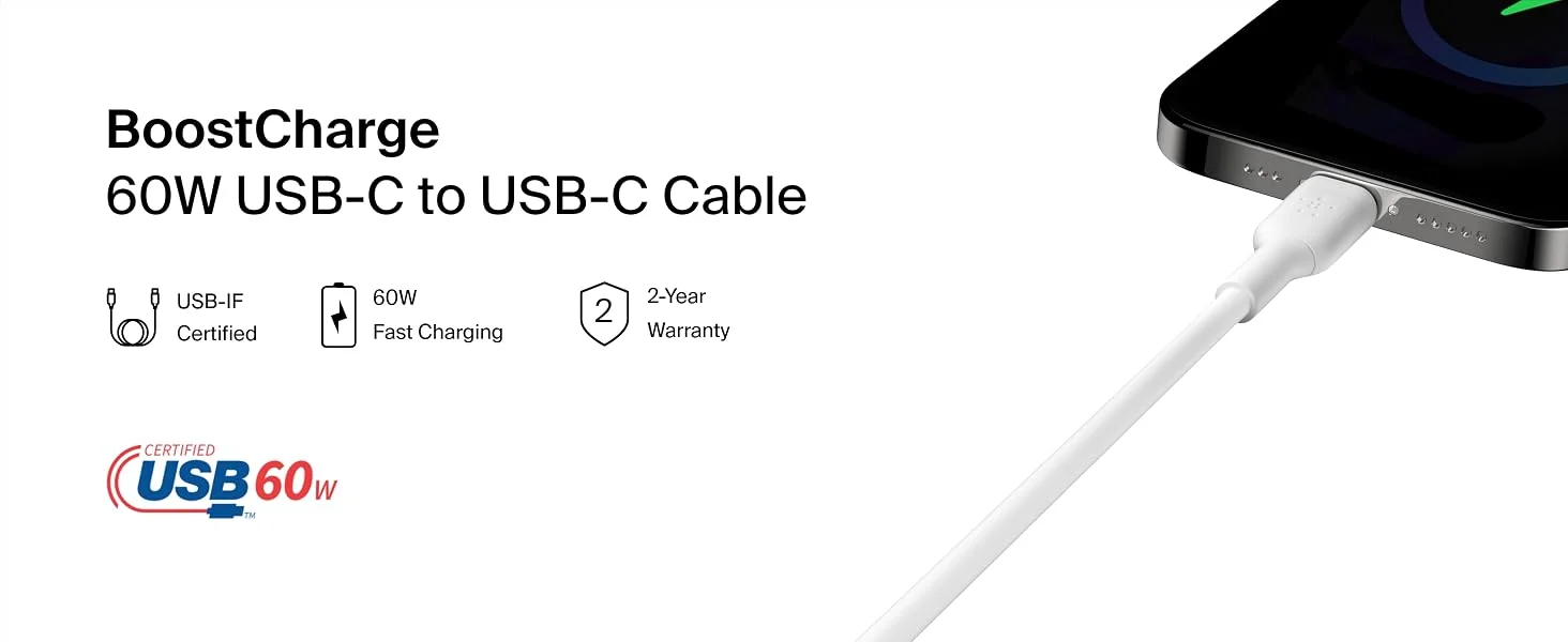 كابل Belkin CAB003BT1MWH BoostCharge USB-C إلى USB-C للشحن السريع 1 متر أبيض - Thumbnail 9