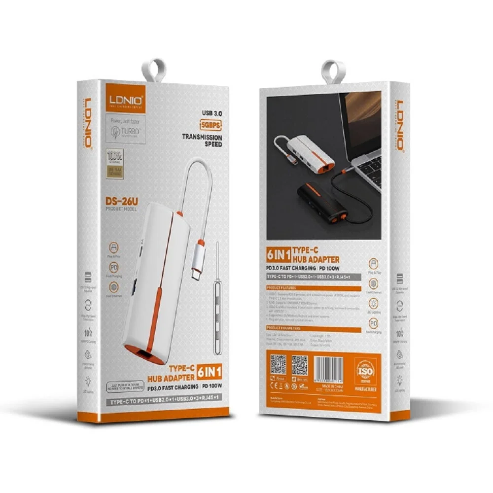 محطة توصيل LDNIO DS-26U 6 في 1 مع USB-C PD وUSB 2.0 وUSB 3.0 وRJ45