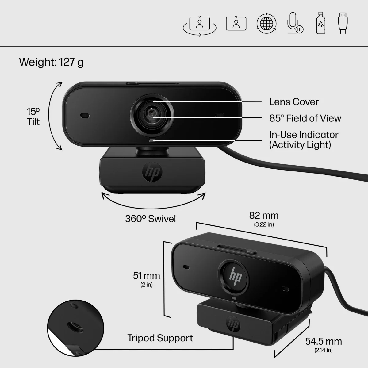 كاميرا ويب HP 435 FHD بدقة Full HD 1080p مع ميكروفونات مزدوجة لعزل الضوضاء - Thumbnail 8