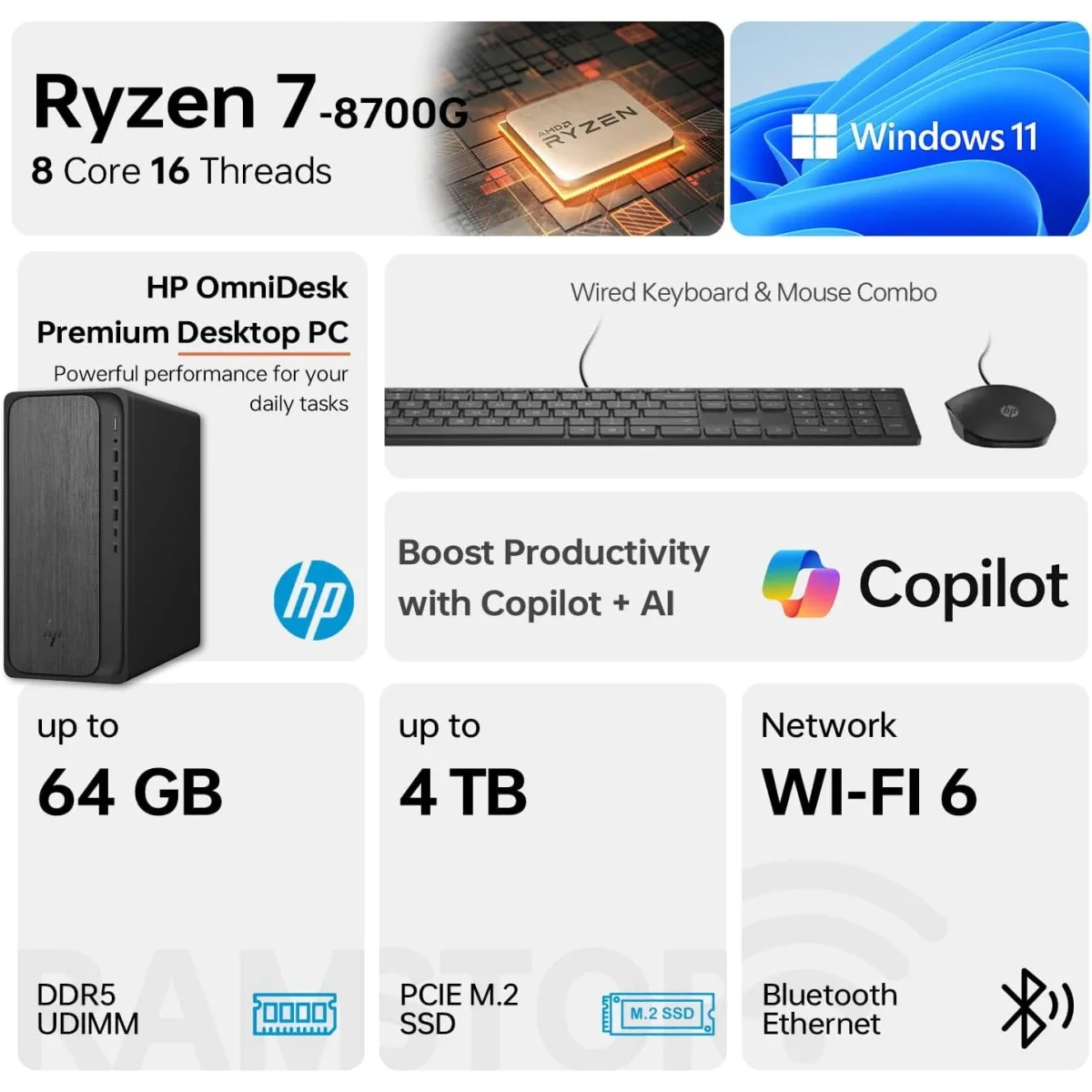 HP OmniDesk M02-0234m Gaming Desktop PC AMD Ryzen 7 8700G 16GB RAM 1TB SSD AMD Radeon 780M Black - Image 2