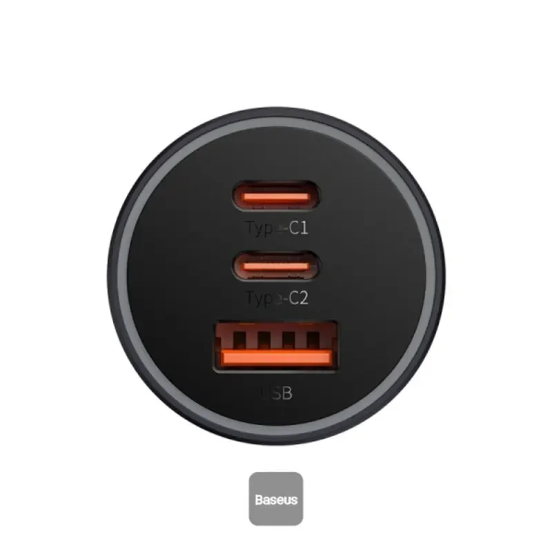 شاحن سيارة Baseus Golden Contactor Pro بقدرة 65W مع USB-A ومنفذين USB-C – رمادي داكن - Thumbnail 9
