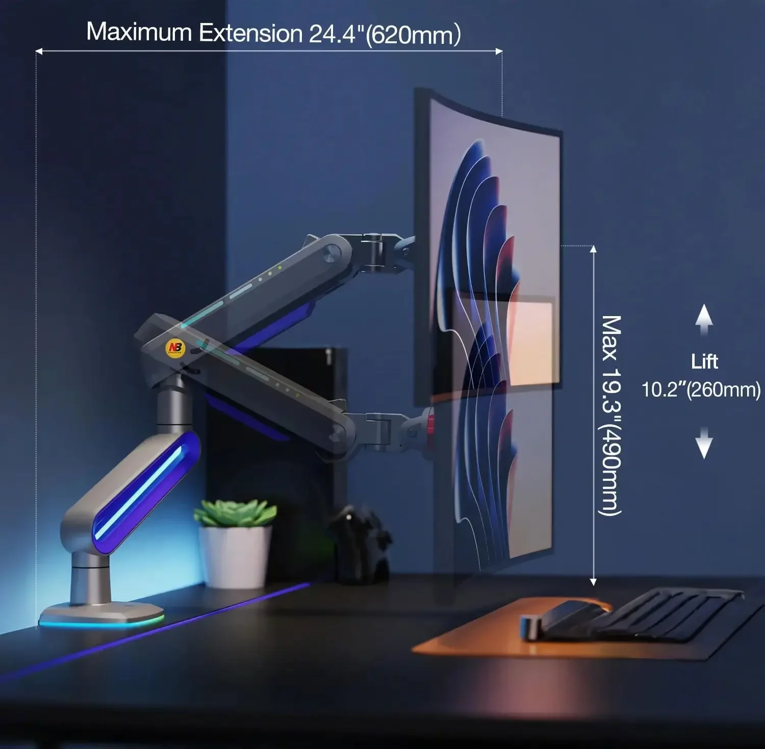 North Bayou G70 Gaming Monitor Arm Desk Mount for 22-inch to 60-inch Monitors with RGB - Thumbnail 8