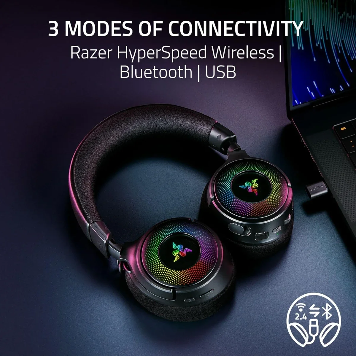 سماعة ألعاب Razer Kraken V4 لاسلكية مع Bluetooth وUSB، مشغلات 40 مم وإضاءة RGB بـ9 مناطق - أسود - Thumbnail 3