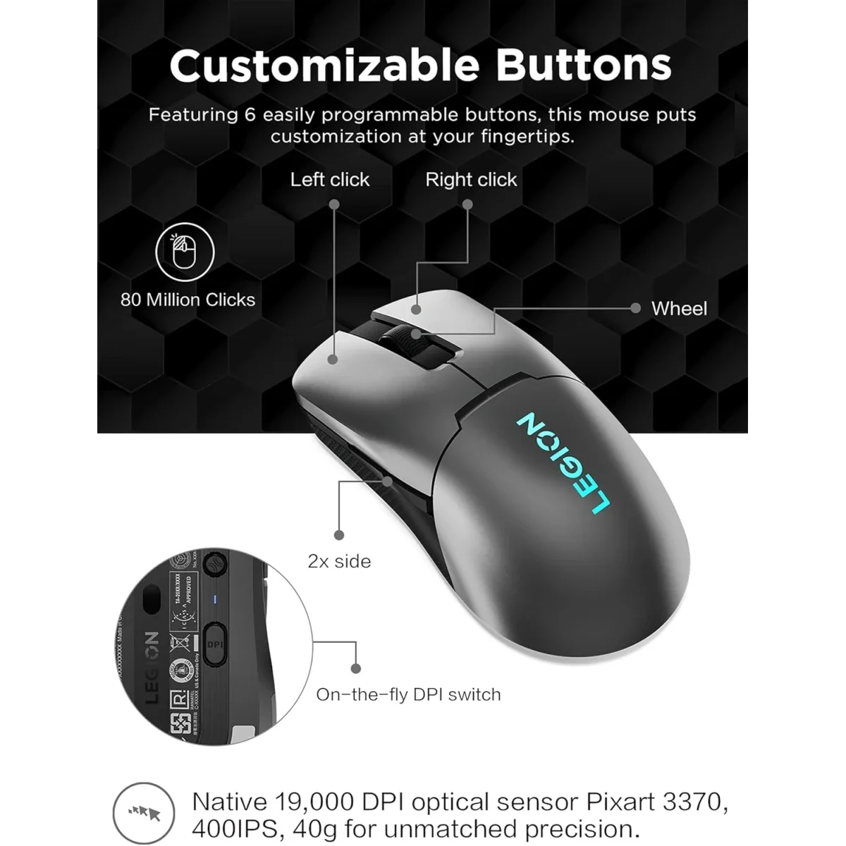 ماوس ألعاب لاسلكي Lenovo Legion M600s بدقة 19000 DPI وبطارية حتى 70 ساعة و6 أزرار - Thumbnail 4
