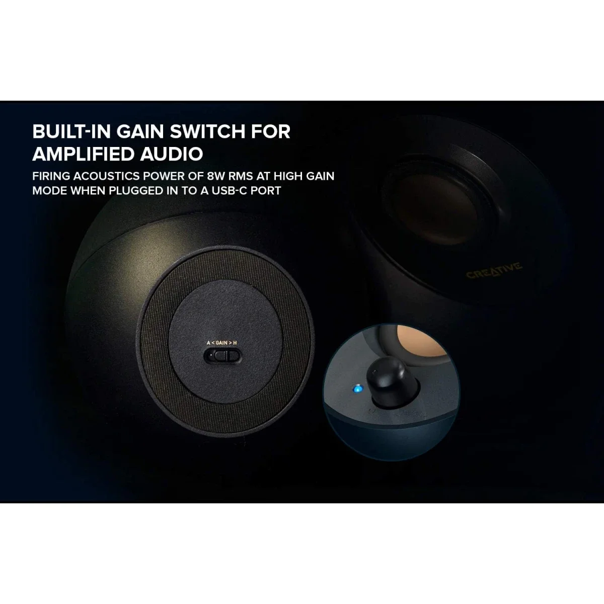Creative Pebble V2 2.0 USB-C Powered Desktop Speakers with 3.5mm AUX-In, 8W RMS - Black - Image 5