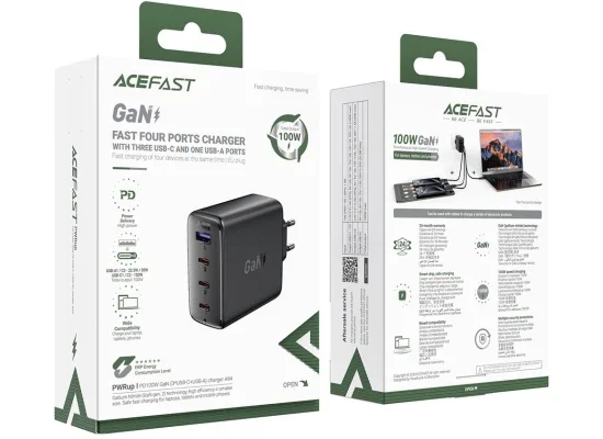 شاحن جداري ACEFAST A94 بقوة 100 واط GaN وPD مع 3 منافذ USB-C ومنفذ USB-A، قابس أوروبي، أسود - Thumbnail 6