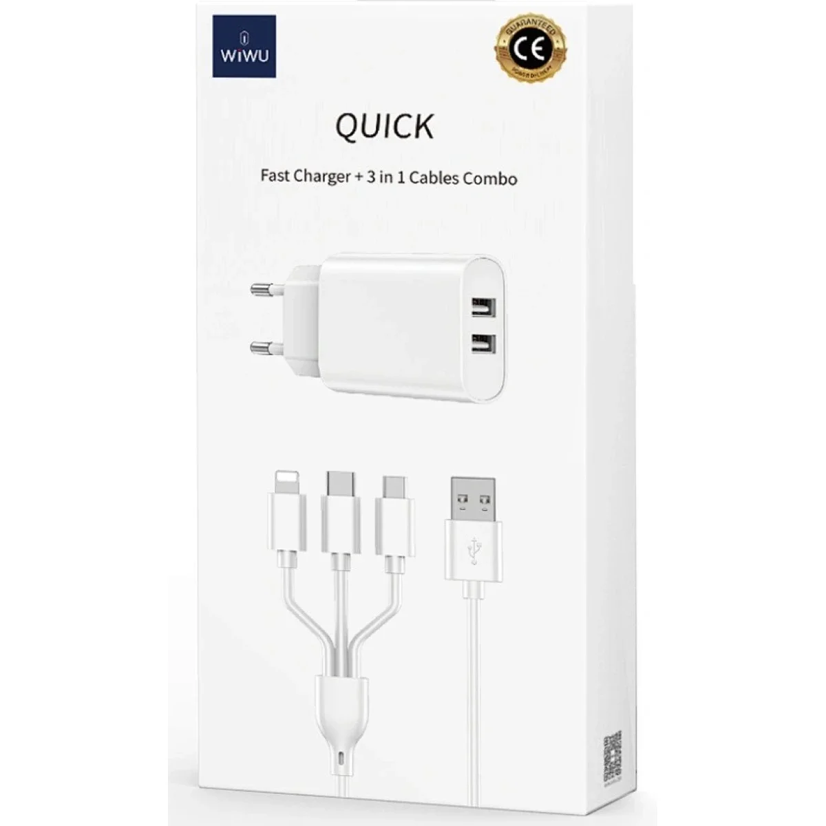 WIWU Wi-U003 Quick Series Dual USB Charger with 3-in-1 Cable, White