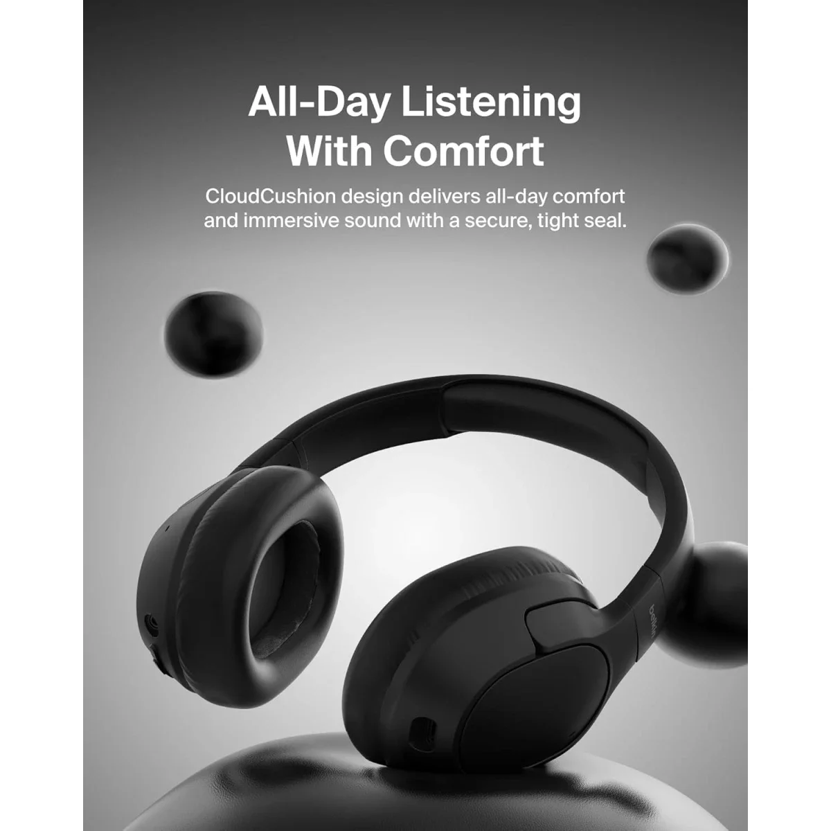 Belkin SoundForm Isolate Wireless Over-Ear ANC Headphones with Mic, Bluetooth 5.4, 60H Playtime, Black - Thumbnail 5