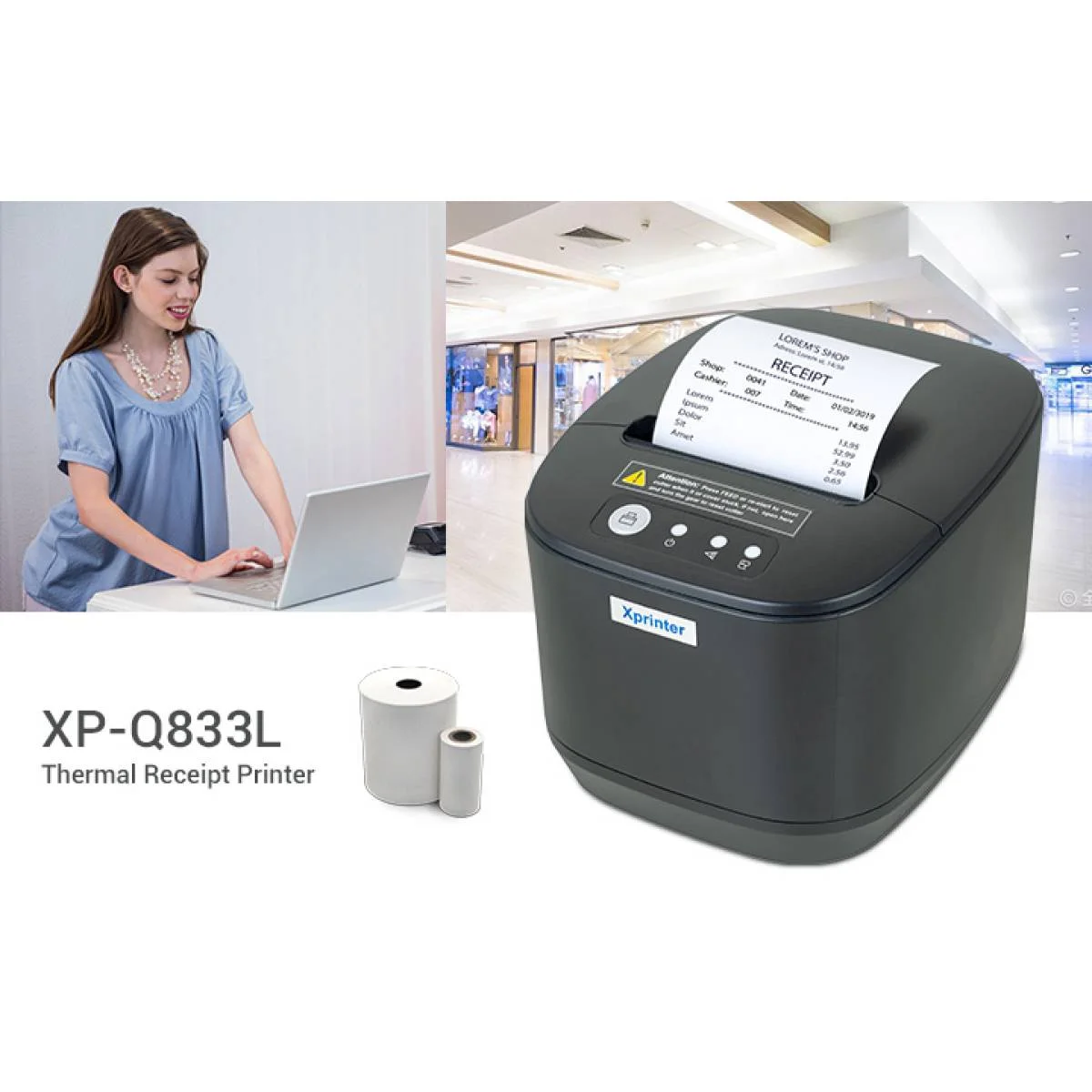 طابعة فواتير حرارية Xprinter XP-Q833L 80mm مباشرة، USB + LAN، بسرعة 230/260mm/s - Thumbnail 6